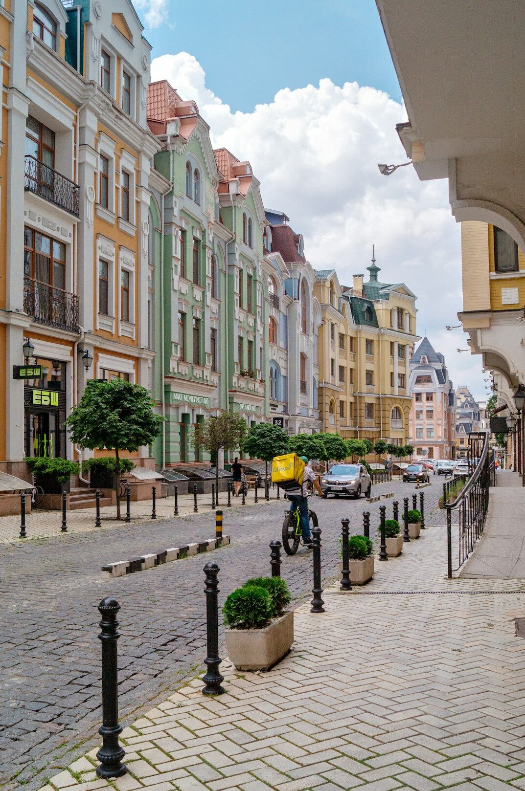 Historic European old town street with colorful townhouses